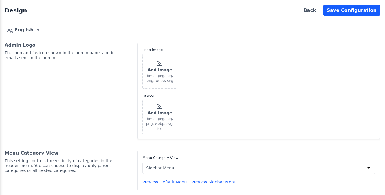 Design screen with the Admin Logo and Menu Category View sections