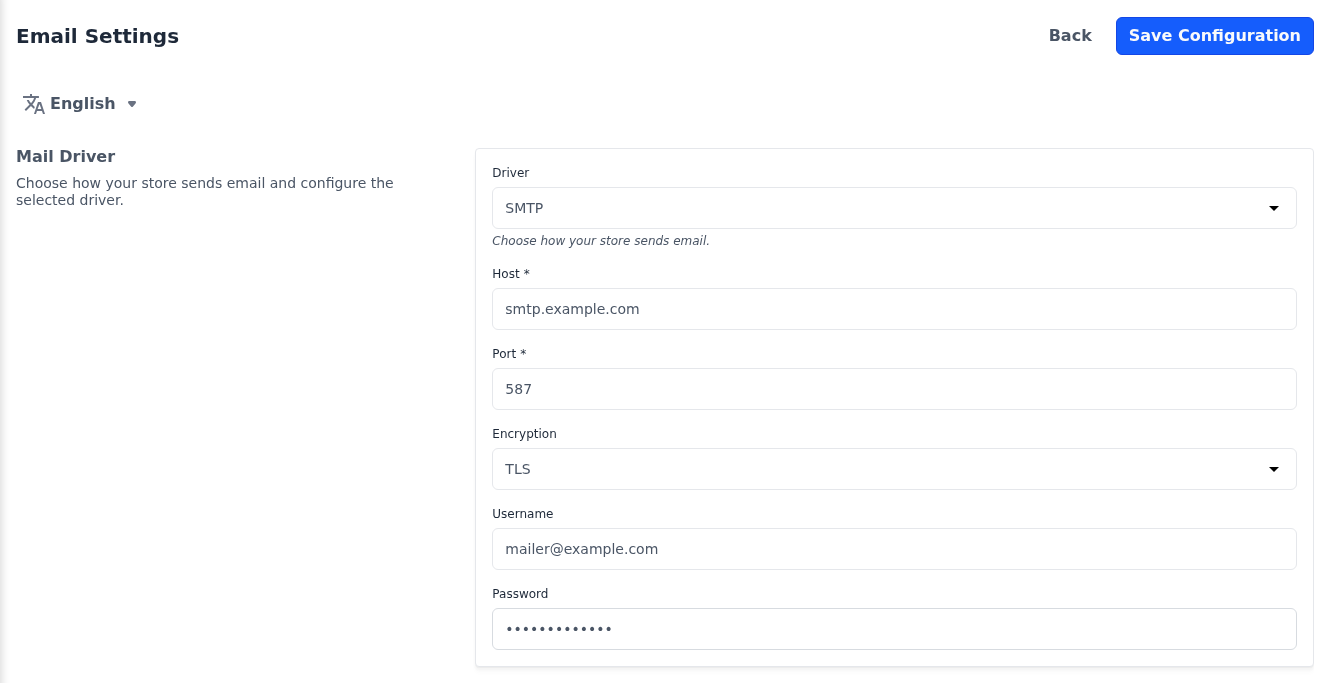 Mail Driver section of the Email Settings screen with the SMTP fields