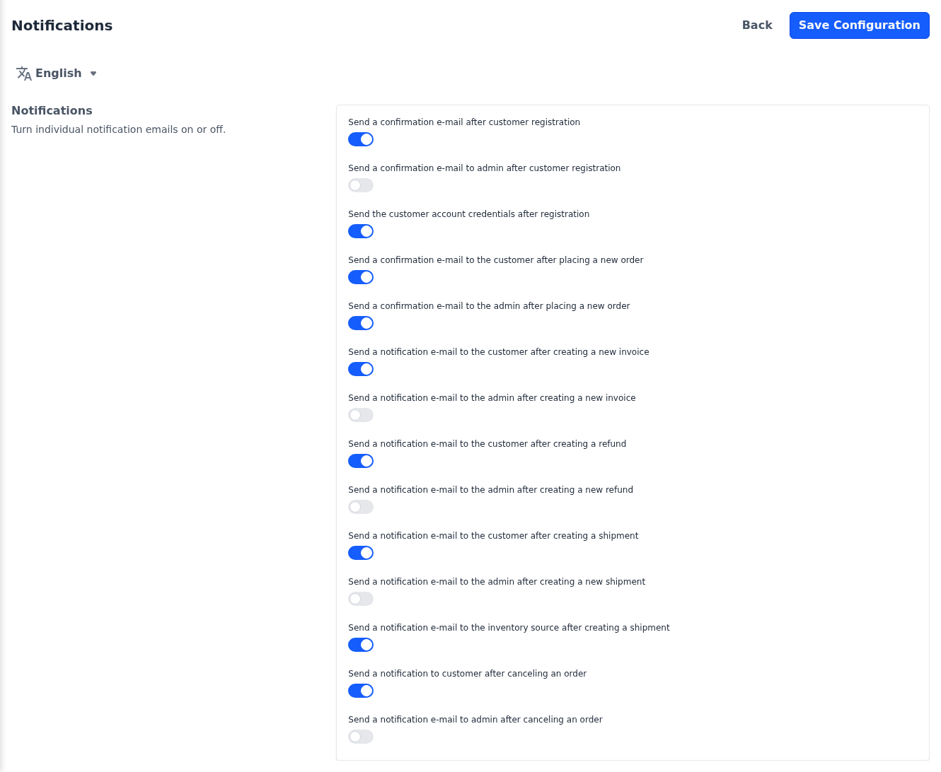 Notifications screen with a switch for each email