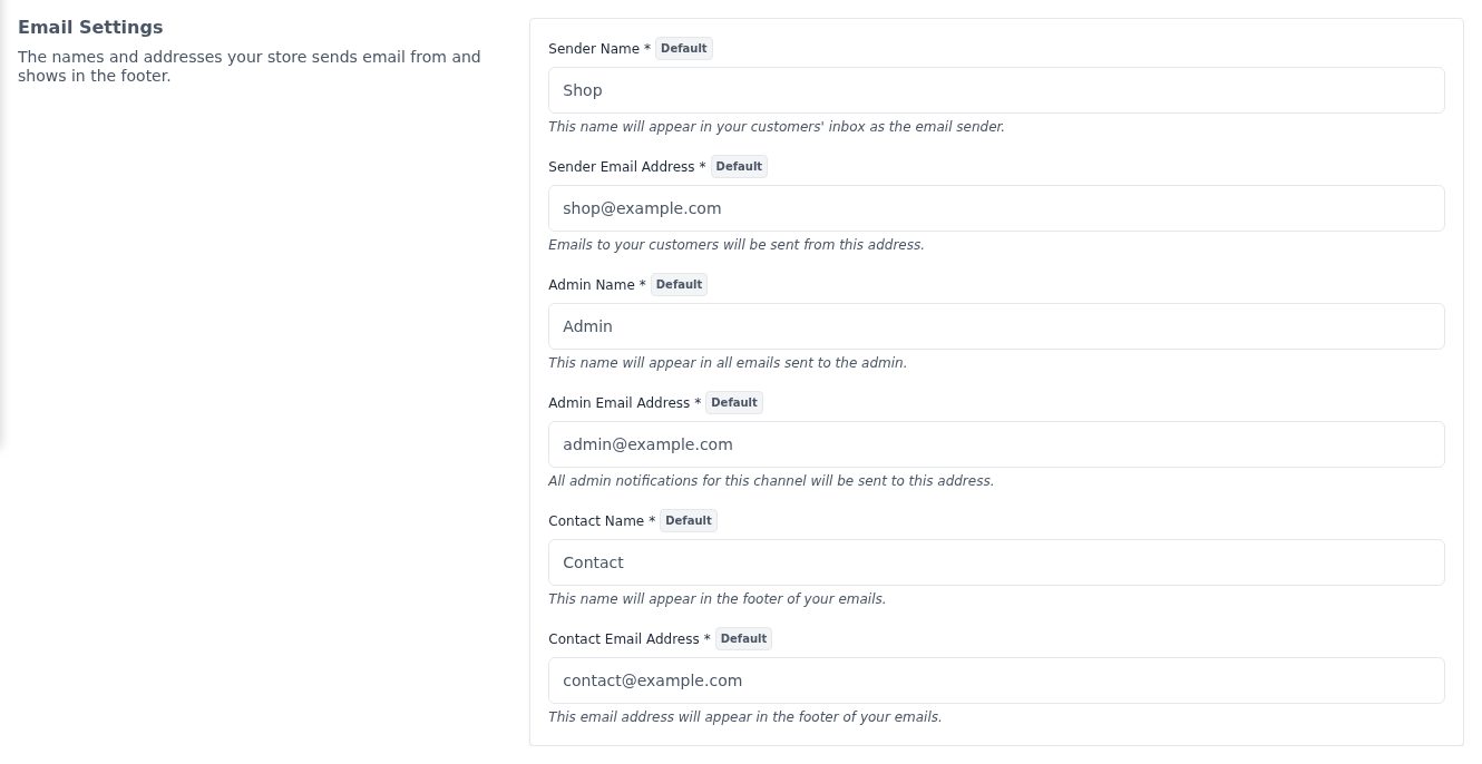 Email Settings section with the sender, admin and contact details