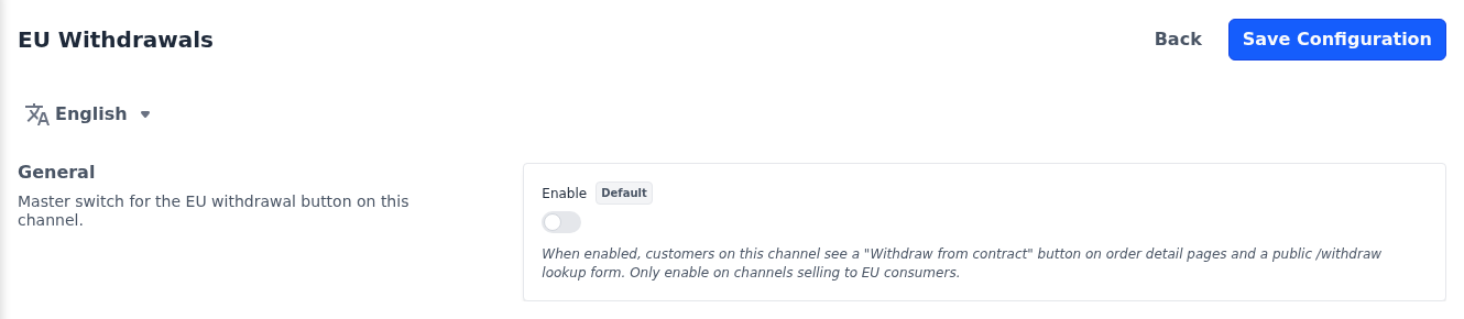 EU Withdrawals screen with the Enable switch