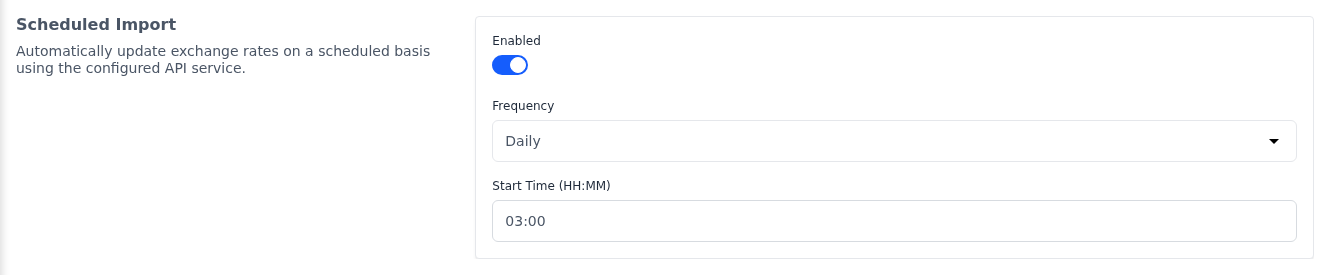Scheduled Import section switched on, updating the rates daily at 03:00