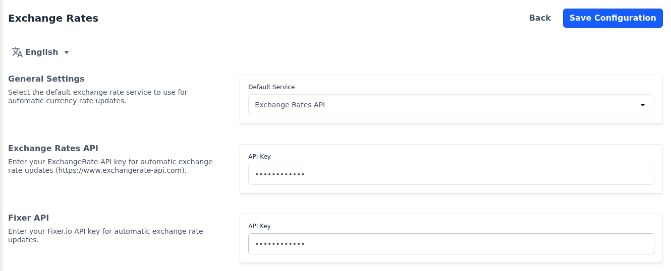 General Settings, Exchange Rates API and Fixer API sections with placeholder API keys