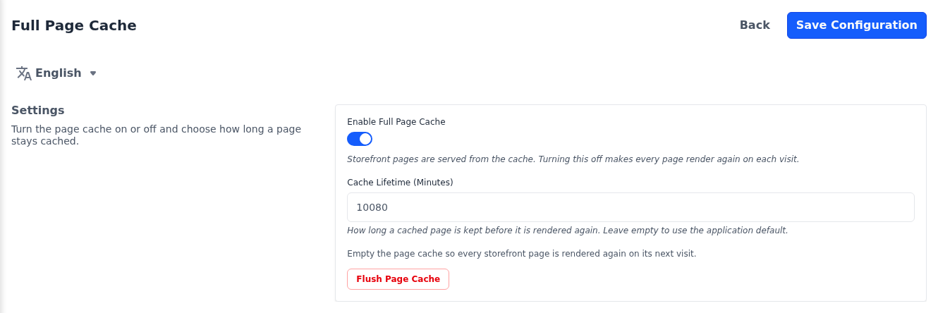 Full Page Cache screen with the page cache turned on
