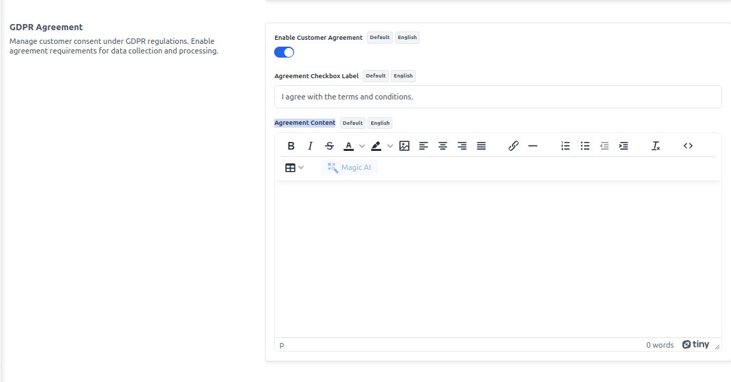 GDPR Agreement Settings