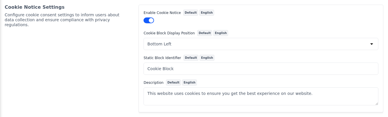 Cookie Notice Settings section with the cookie notice turned on
