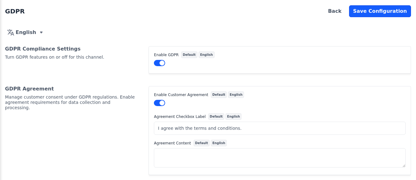 GDPR Compliance Settings and GDPR Agreement sections with both switches turned on