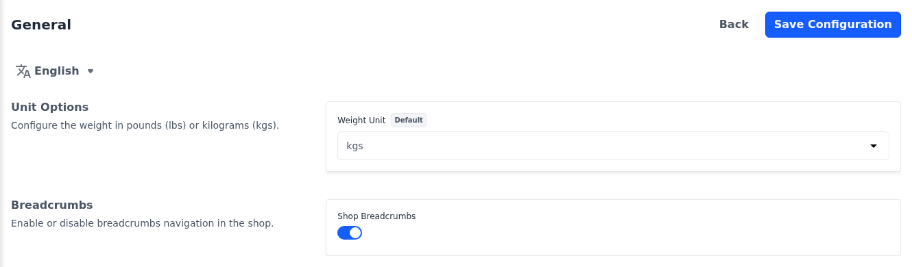 General screen with the Unit Options and Breadcrumbs sections