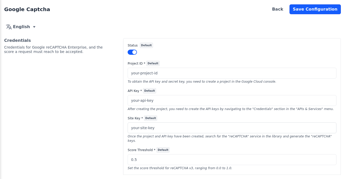 Credentials section of the Google Captcha screen with Status turned on and placeholder keys