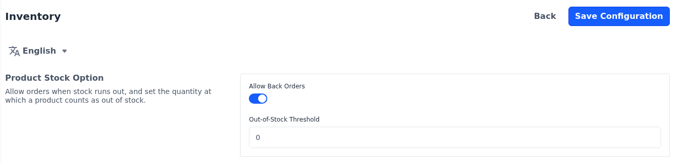 Product Stock Option section of the Inventory screen with Allow Back Orders switched on