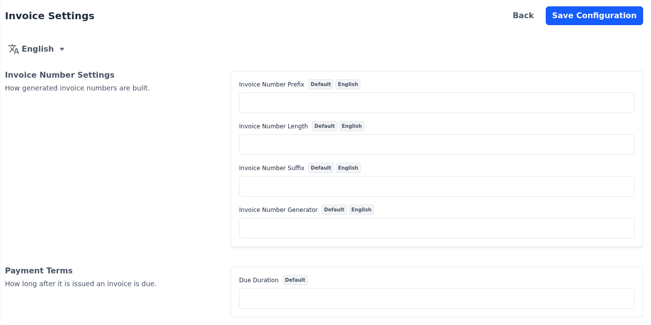 Invoice Number Settings and Payment Terms sections of the Invoice Settings screen