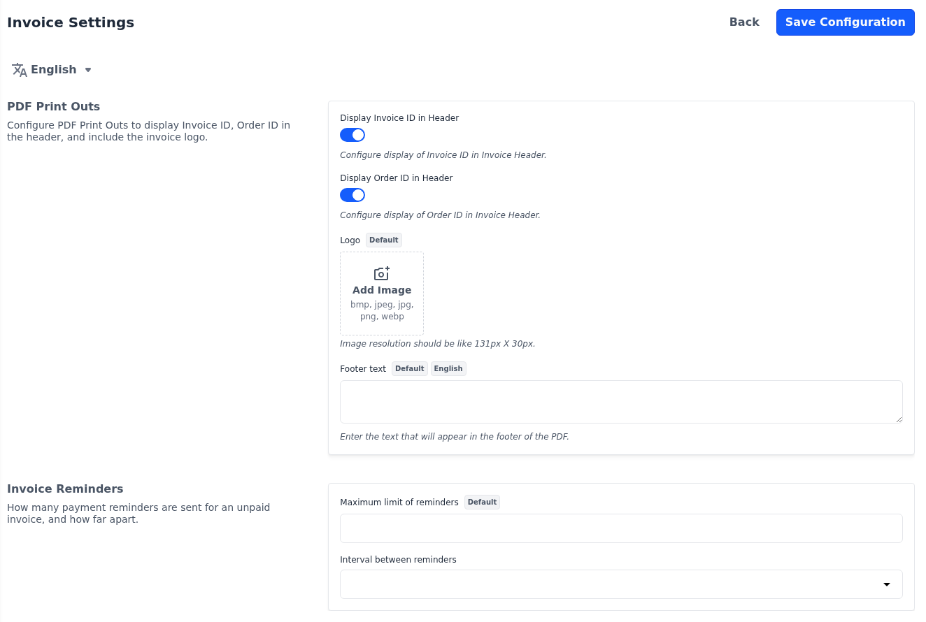 PDF Print Outs and Invoice Reminders sections of the Invoice Settings screen