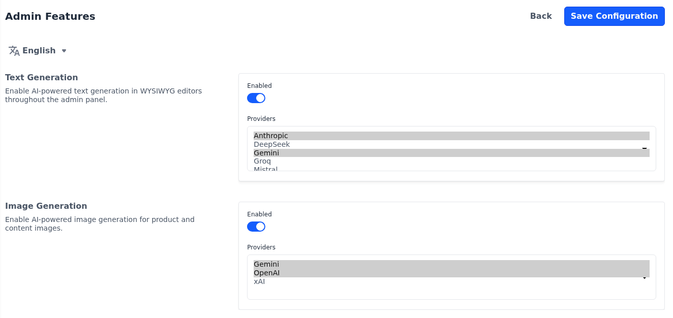 Admin Features screen with Text Generation and Image Generation switched on and providers chosen