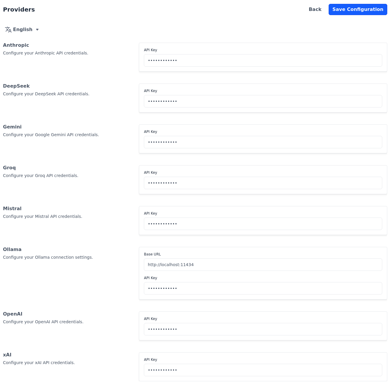 Providers screen with a section for each of the eight providers