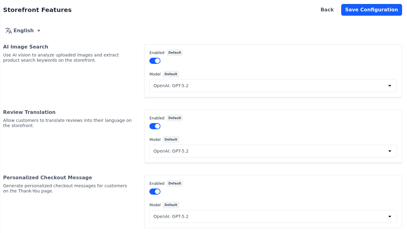 Storefront Features screen with AI Image Search, Review Translation and Personalized Checkout Message switched on and a model chosen