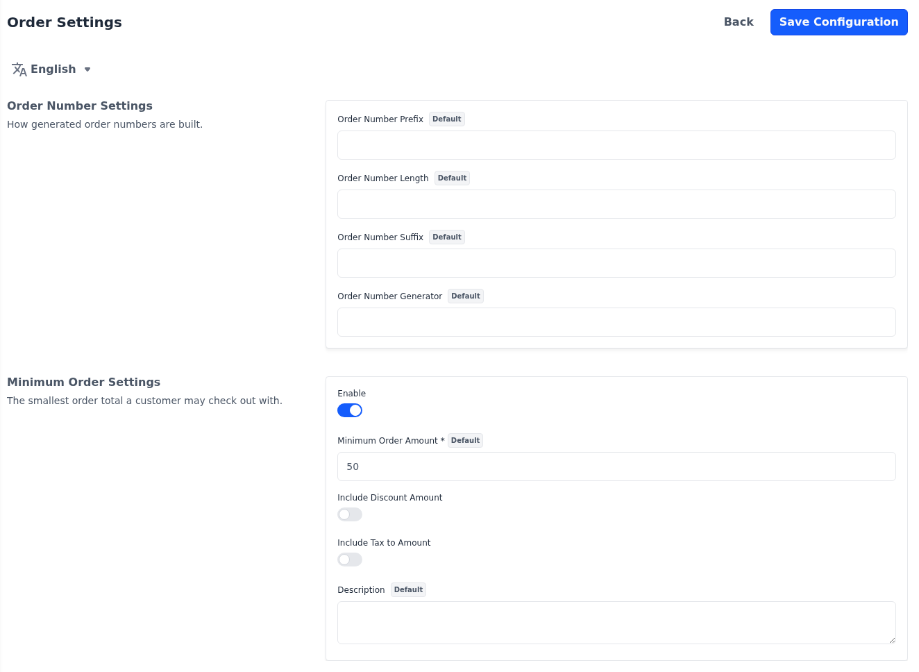 Order Number Settings and Minimum Order Settings sections of the Order Settings screen