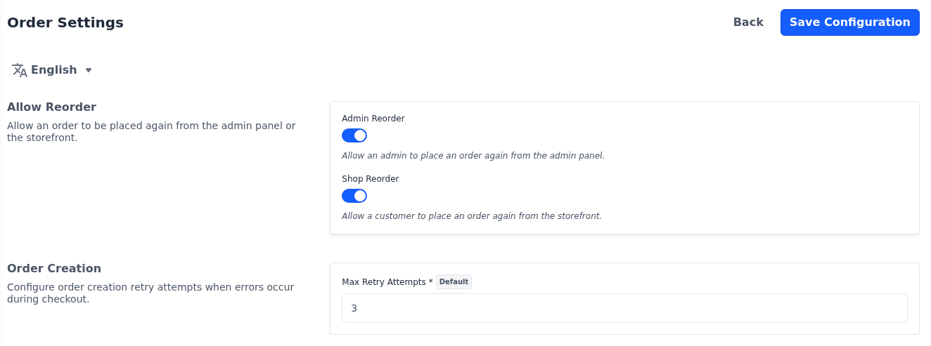 Allow Reorder and Order Creation sections of the Order Settings screen