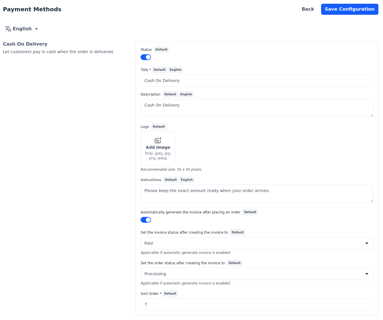 Cash On Delivery section with Status and automatic invoicing switched on