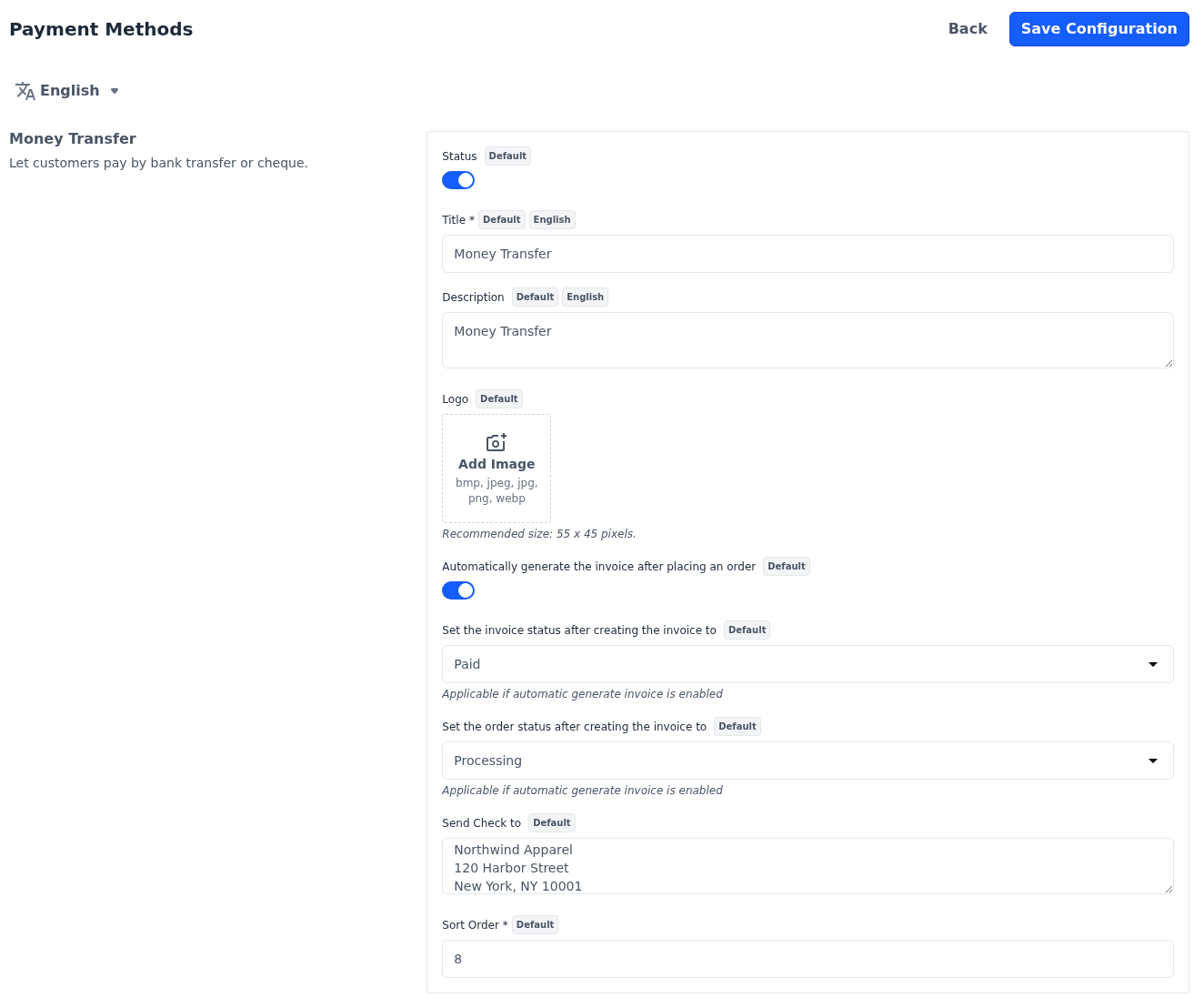 Money Transfer section with Status and automatic invoicing switched on