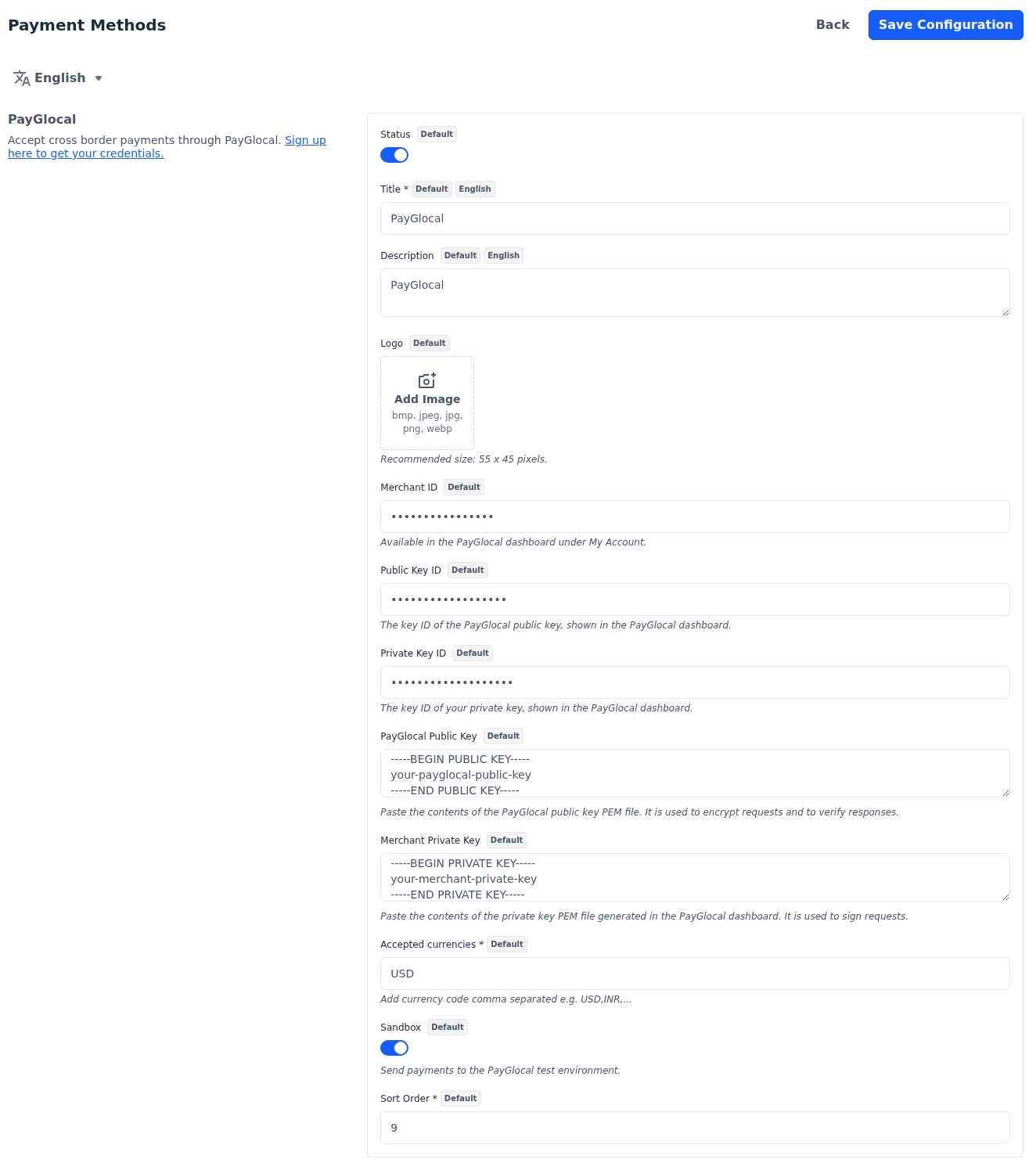 PayGlocal section with Status and Sandbox switched on