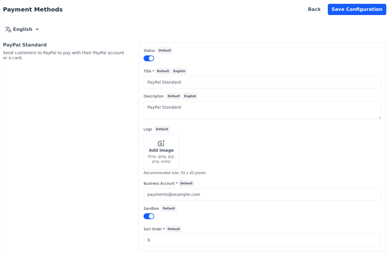 PayPal Standard section with Status and Sandbox switched on