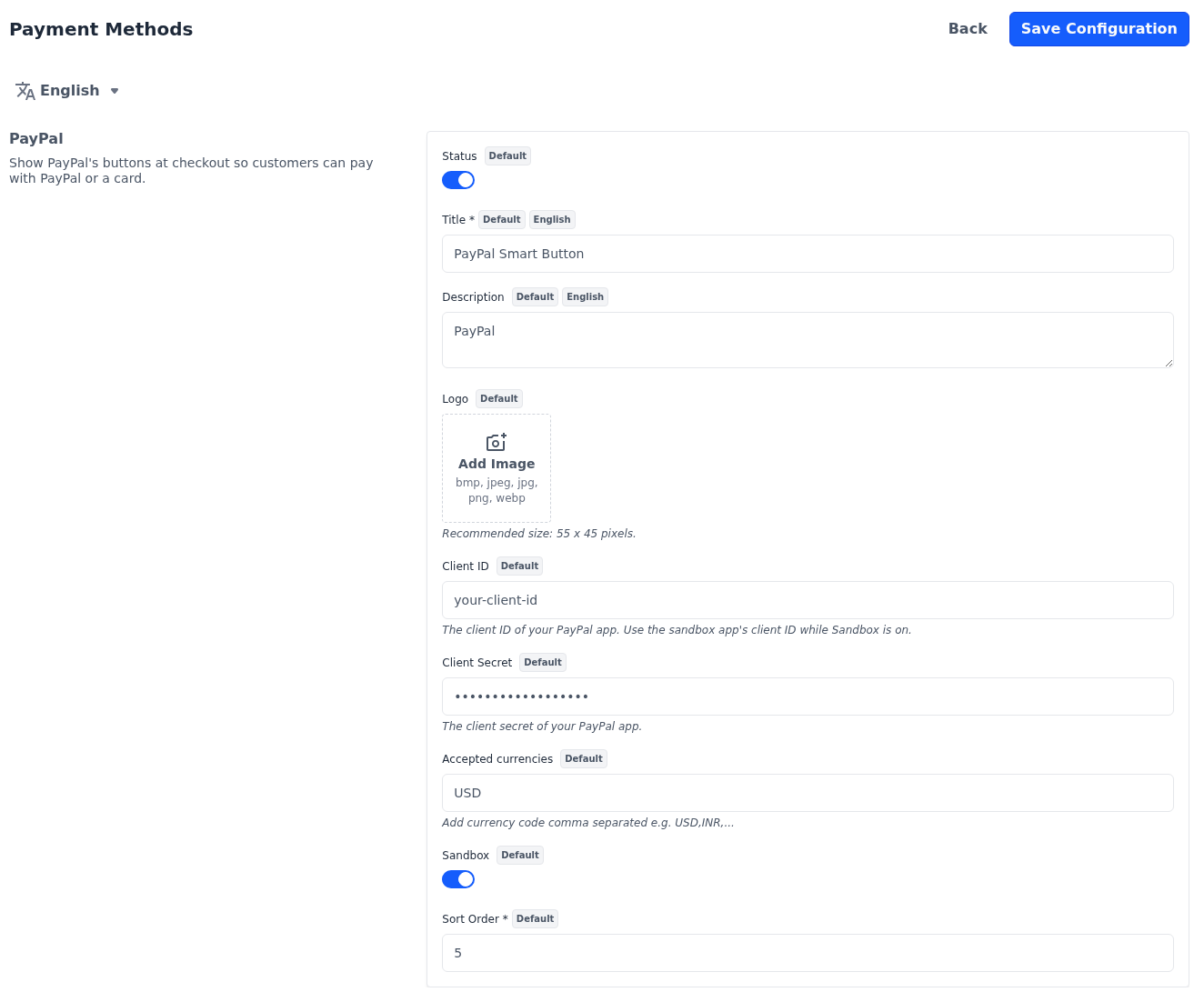 PayPal section with Status and Sandbox switched on