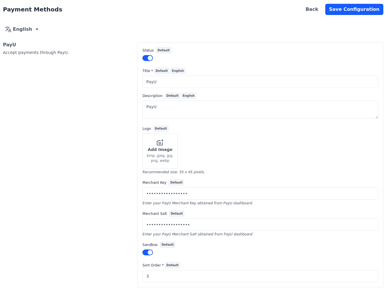PayU section with Status and Sandbox switched on