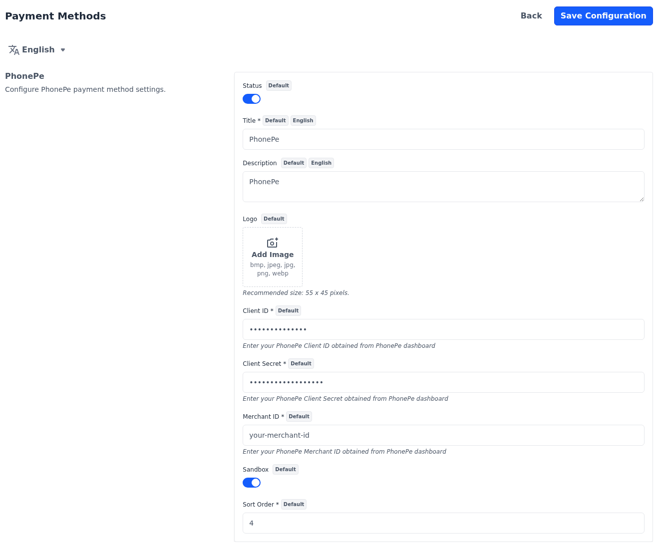 PhonePe section with Status and Sandbox switched on