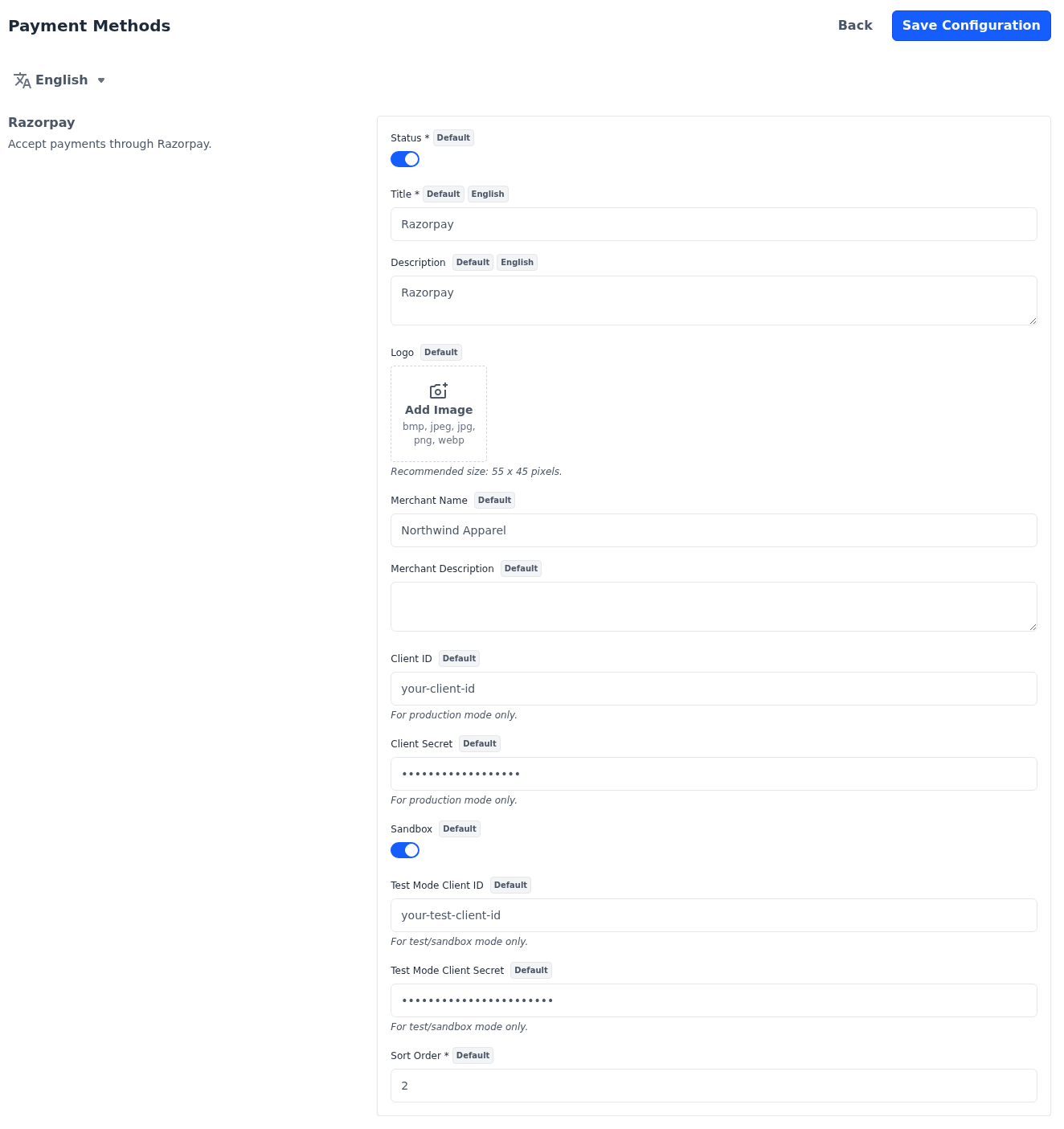 Razorpay section with Status and Sandbox switched on