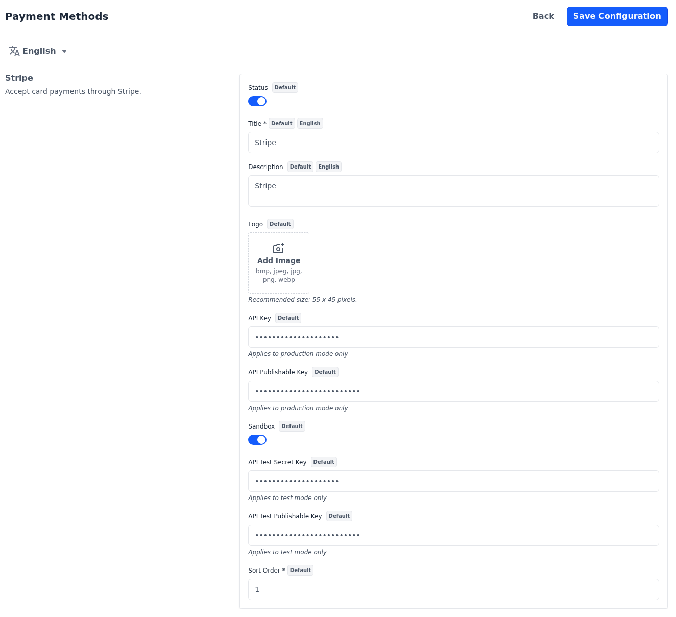 Stripe section with Status and Sandbox switched on