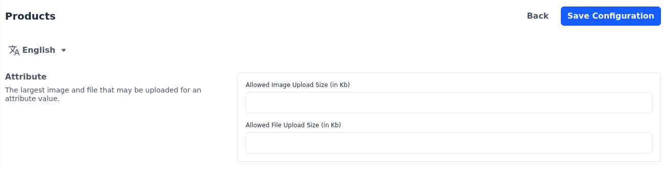Attribute section of the Products screen with the upload size limits