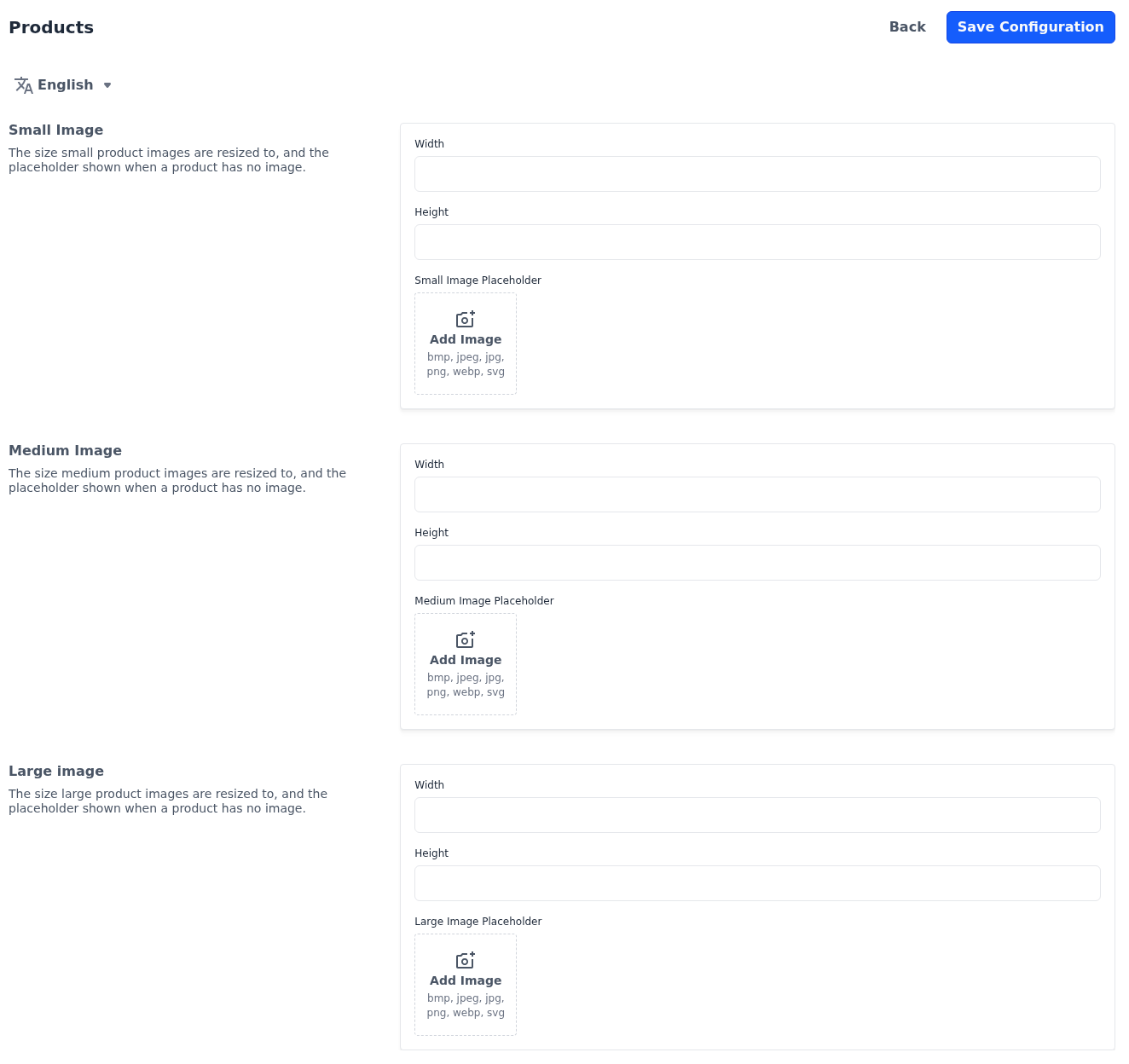 Small Image, Medium Image and Large image sections of the Products screen