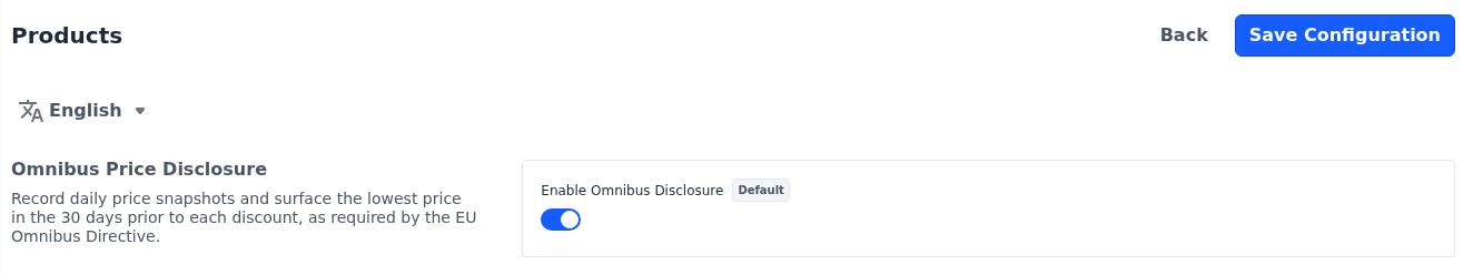 Omnibus Price Disclosure section of the Products screen with Enable Omnibus Disclosure switched on