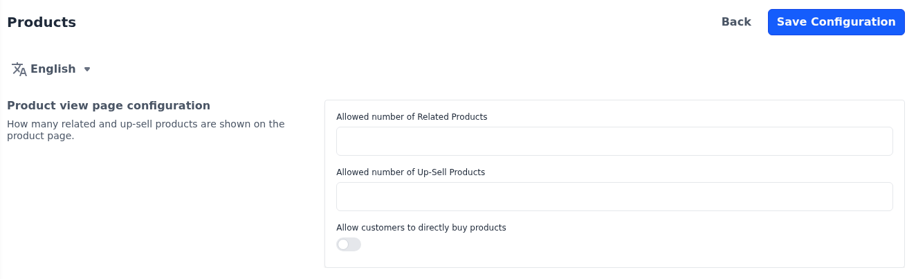 Product view page configuration section of the Products screen