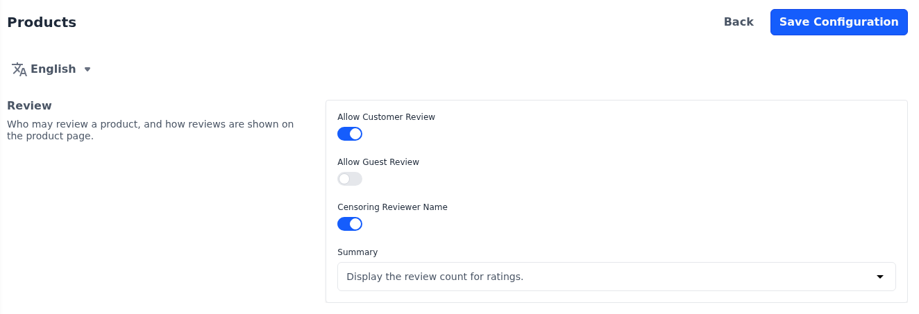 Review section of the Products screen