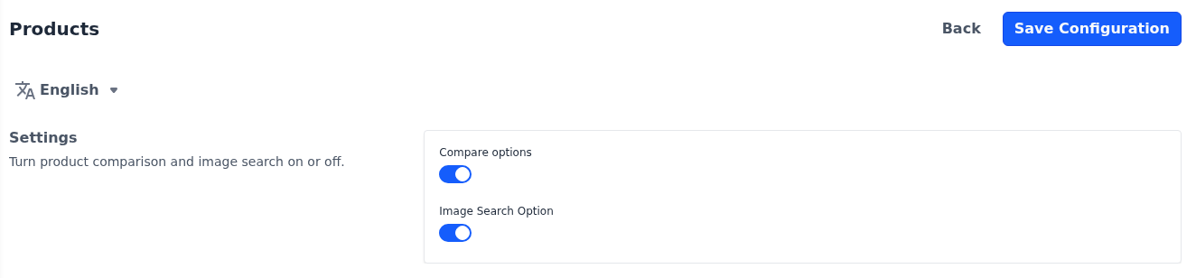 Settings section of the Products screen with Compare options and Image Search Option