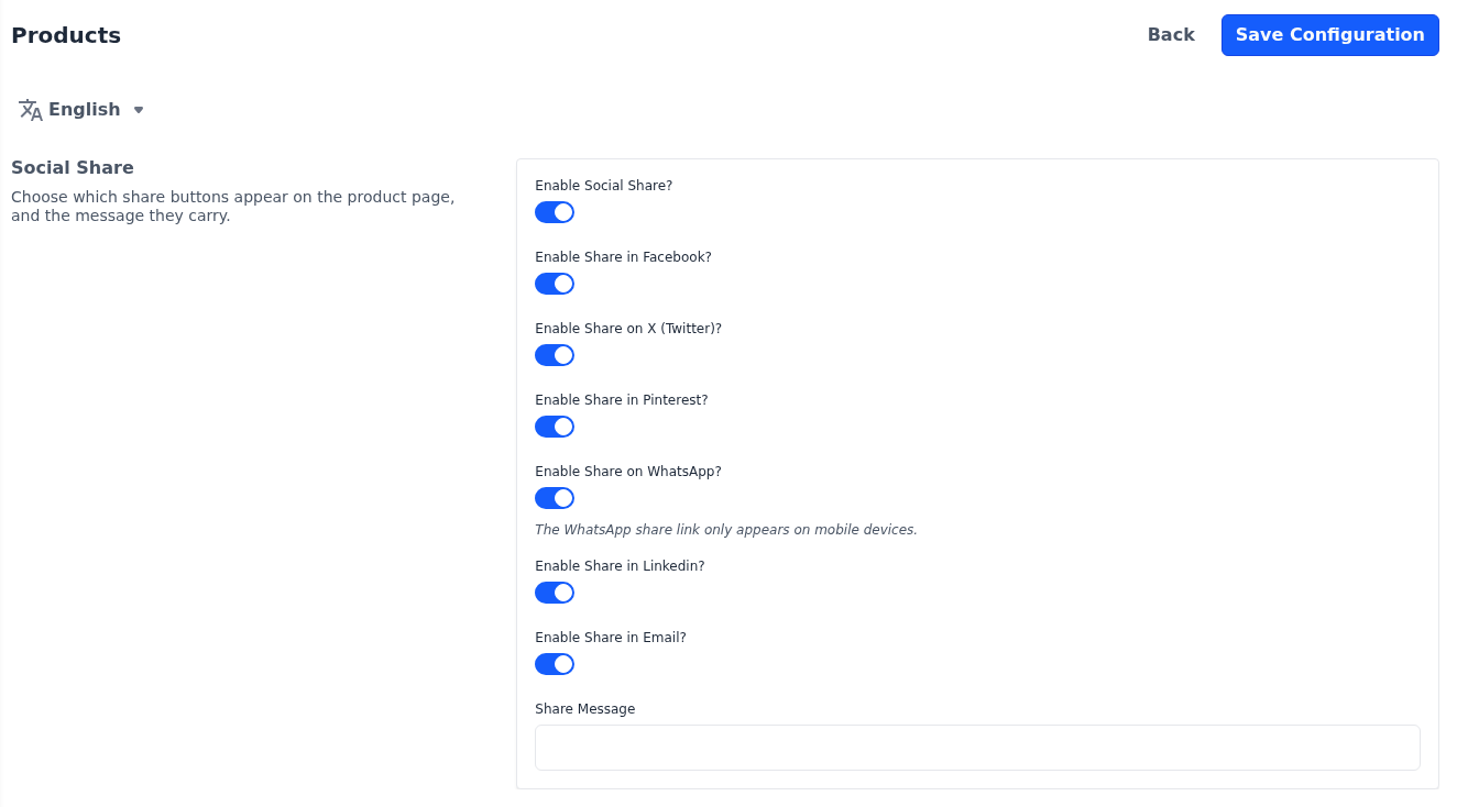 Social Share section of the Products screen with every share button switched on