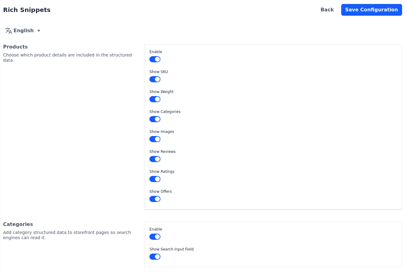 Products and Categories sections of the Rich Snippets screen with every switch on