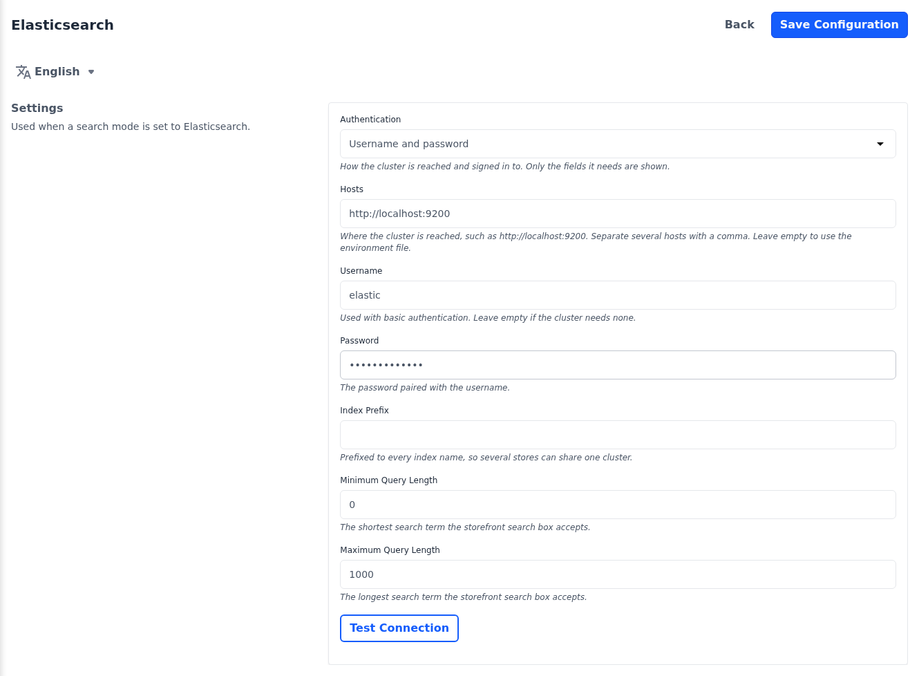 Elasticsearch screen with username and password authentication and the Test Connection button
