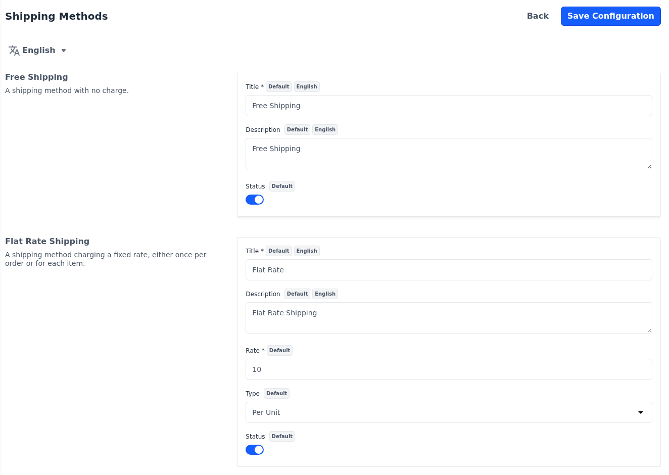 Shipping Methods screen with Free Shipping and Flat Rate Shipping switched on