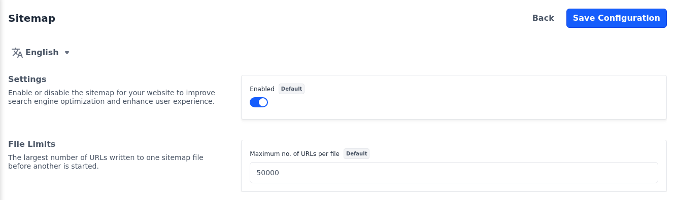 Sitemap screen with the Settings and File Limits sections