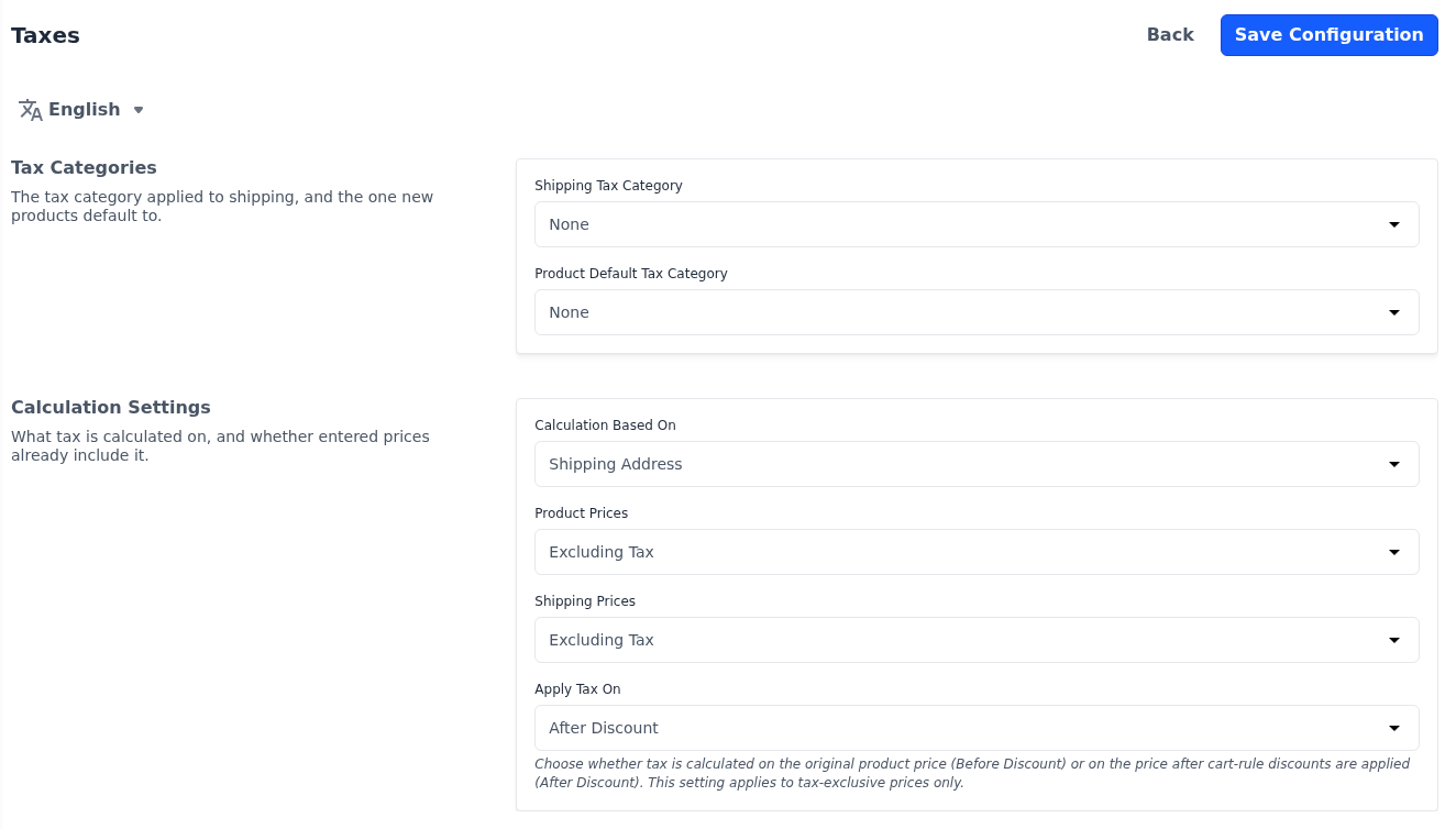 Tax Categories and Calculation Settings sections of the Taxes screen