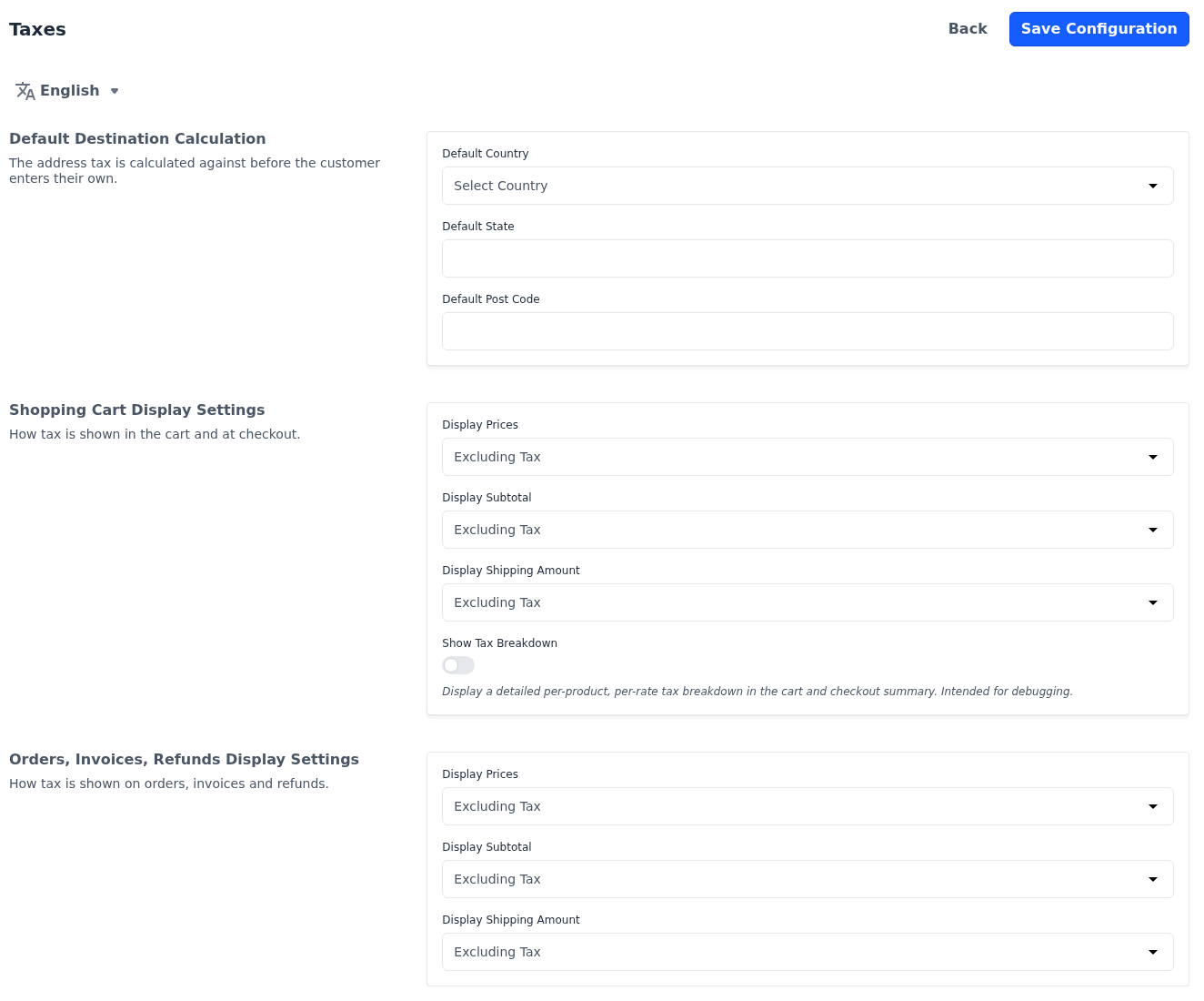 Default Destination Calculation and tax display sections of the Taxes screen