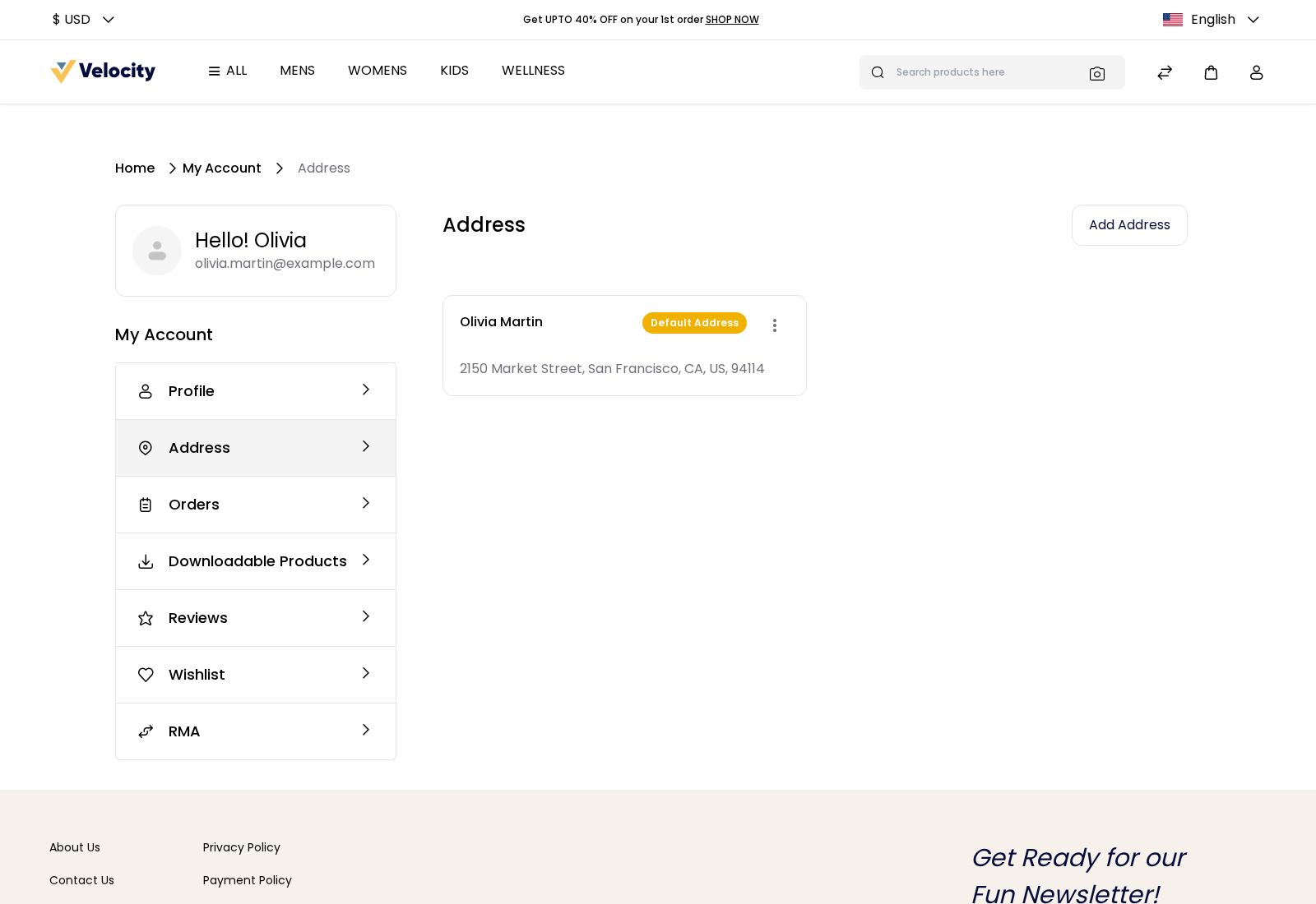 Address page in My Account with a default address