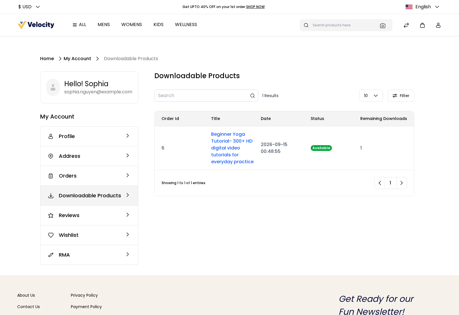 Downloadable Products page in My Account with an available download