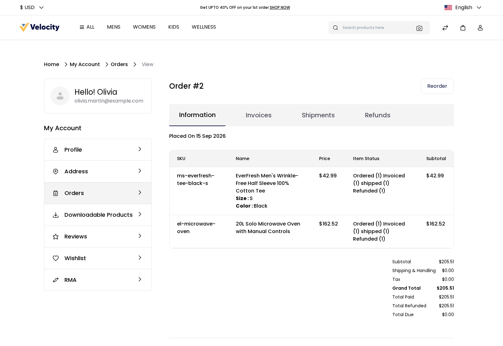 An order in My Account with the Reorder button and the Information, Invoices, Shipments and Refunds tabs