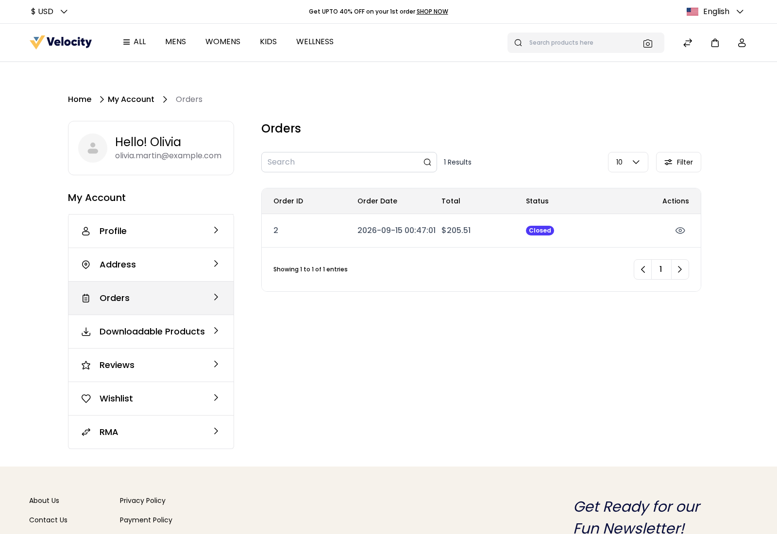 Orders page in My Account with one closed order