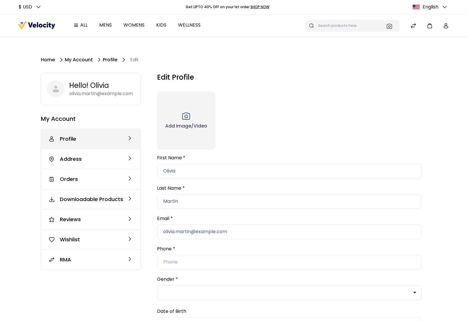 Edit Profile page with the profile picture, name, email and phone fields