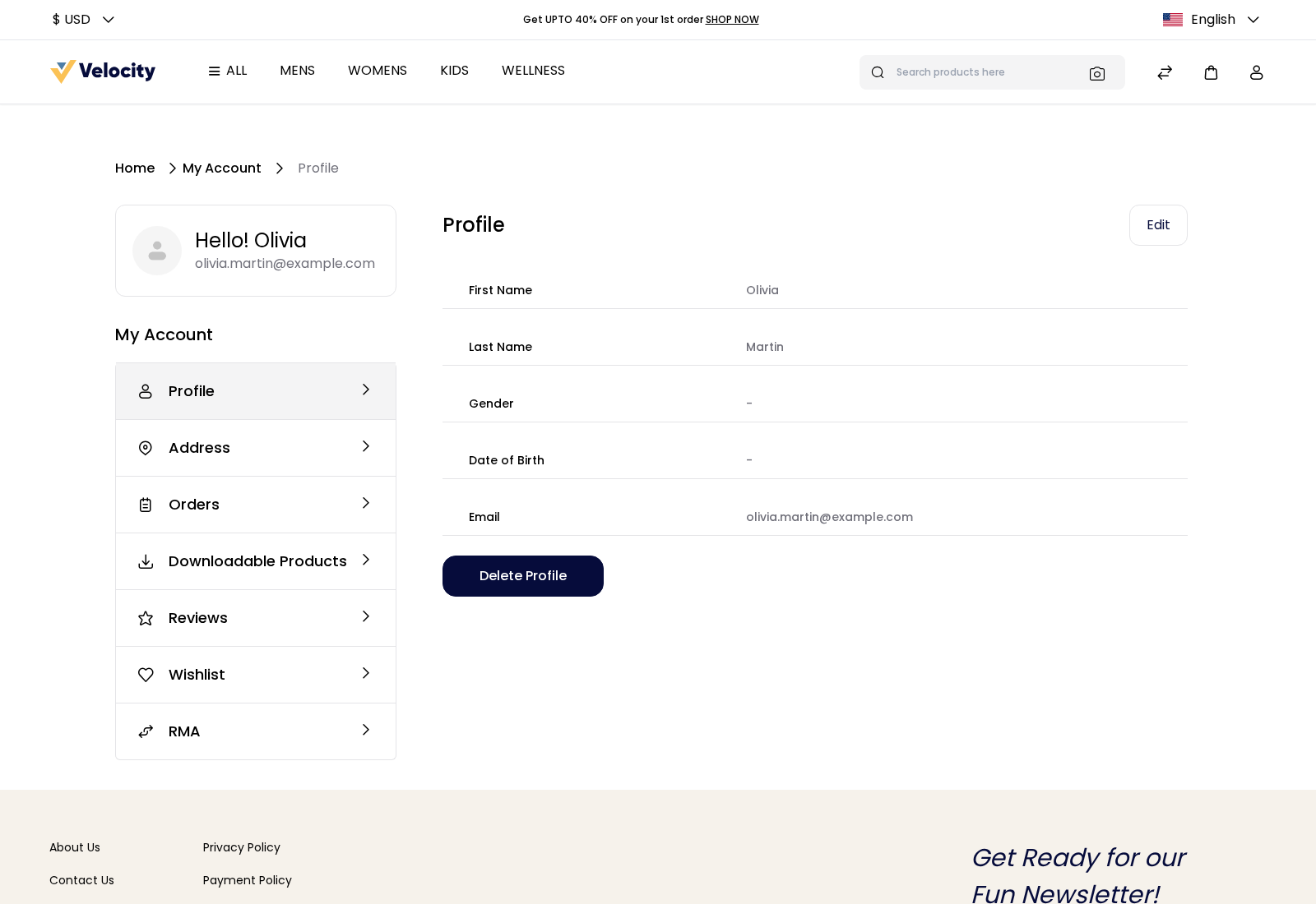 Profile page in My Account with the account menu on the left