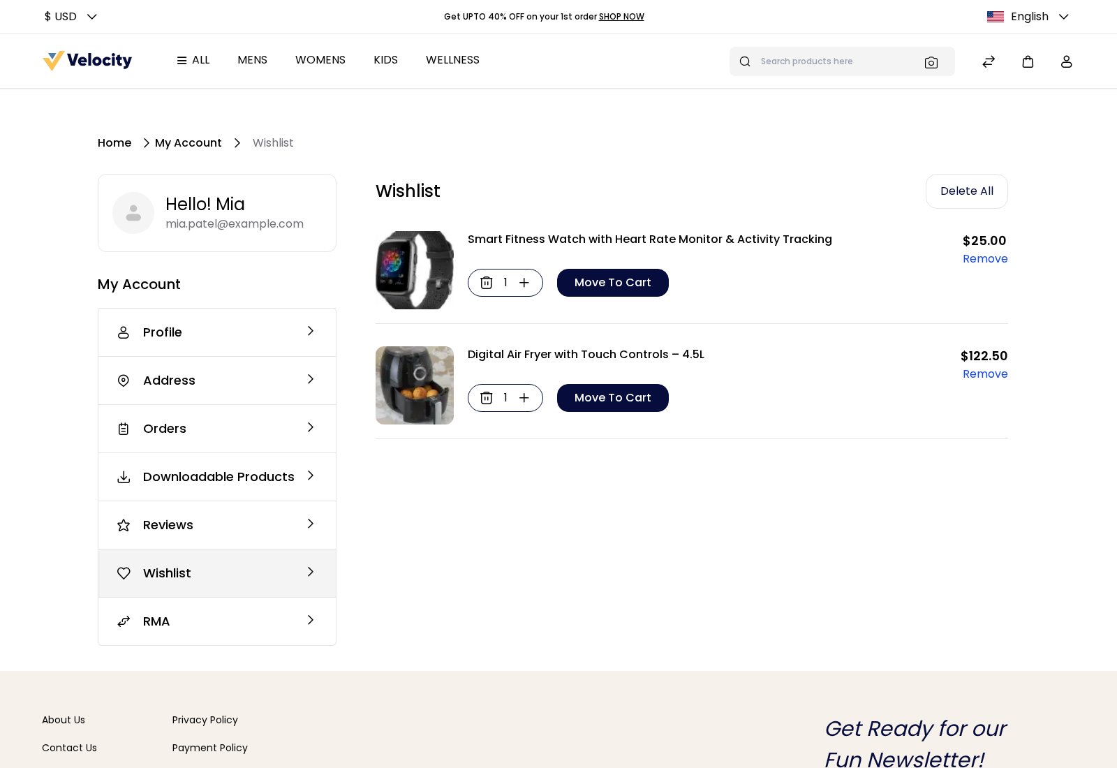 Wishlist page in My Account with two products and Move To Cart buttons